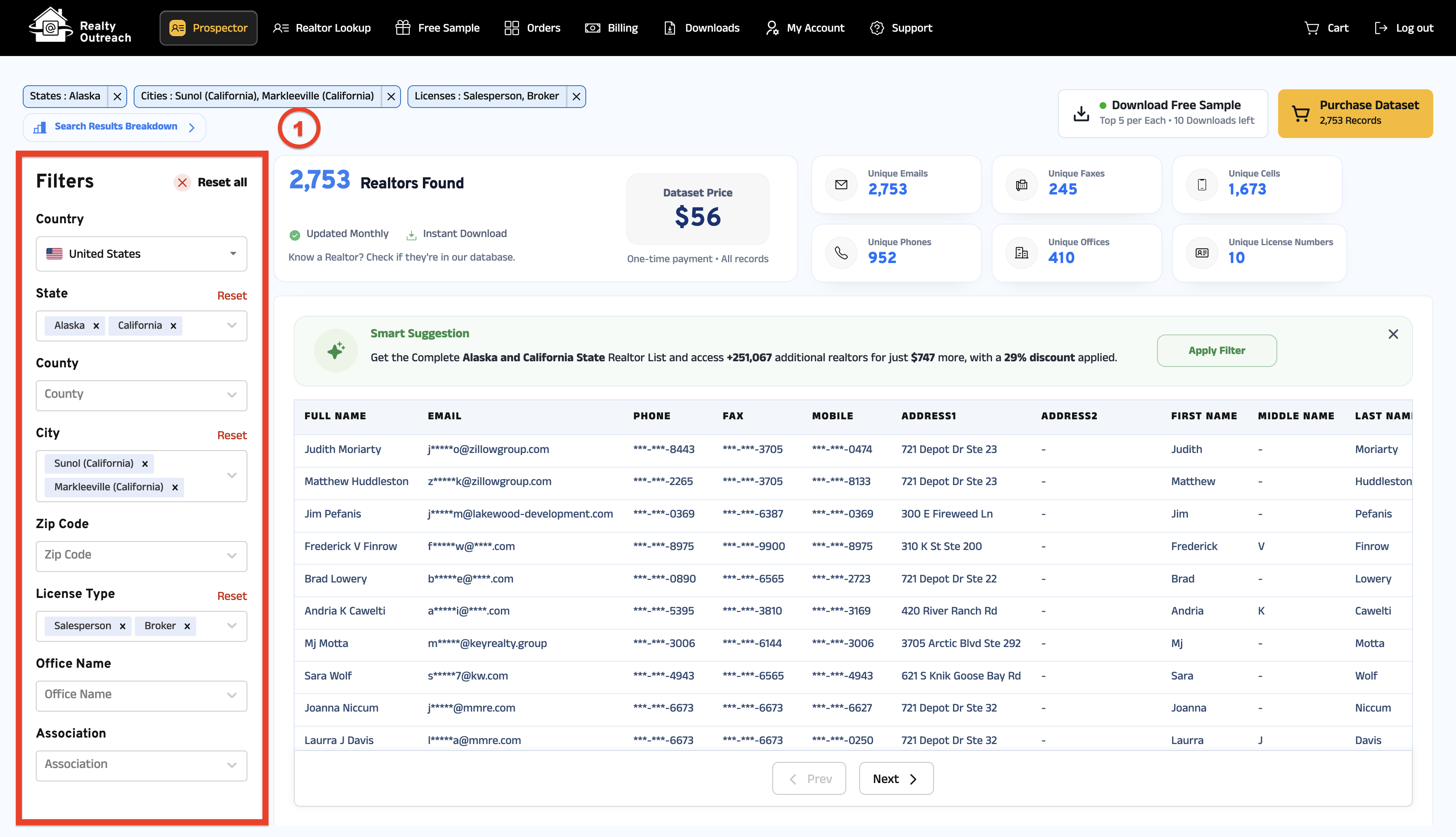 Prospector filters highlighted for choosing a sample list