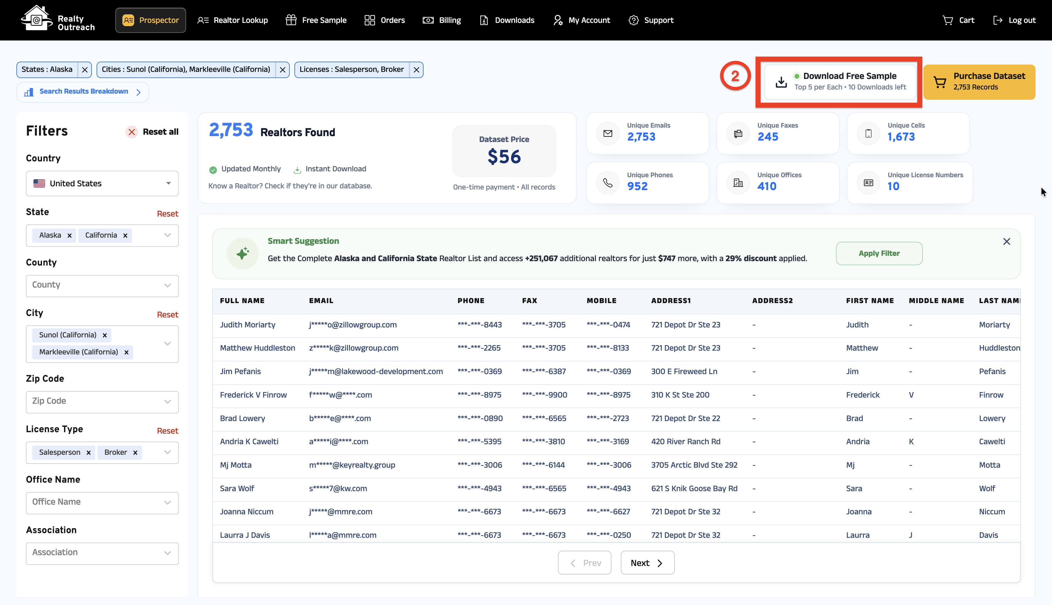 Download Free Sample button highlighted in Prospector
